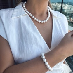 Σετ κολιέ και βραχιόλι με Κ14 χρυσό κούμπωμα και λευκά μαργαριτάρια 11-12mm - S125967